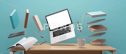 Workplace mess concept with laptop mockup, zero gravity Stock Illustration