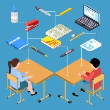 Workplace of modern students isometric vector design Ilustración de archivo