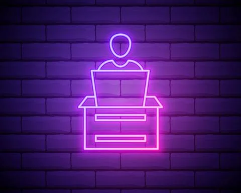 Workplace neon light icon. Work space. Office worker. Freelance job. Person w Stock Illustration