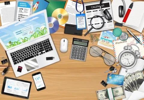 Workplace with object and tools on wood table Stock Illustration