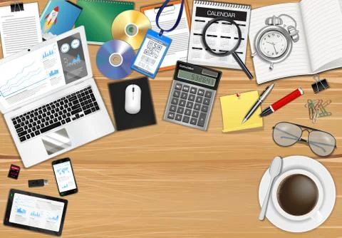 Workplace with object and tools on wood table Stock Illustration