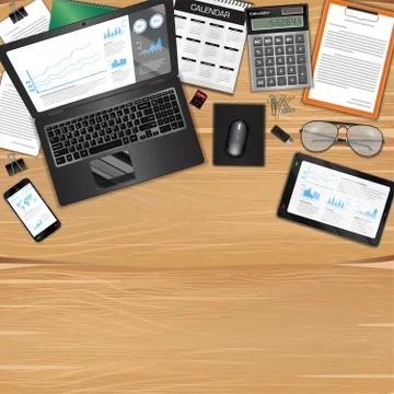 Workplace with object and tools on wood table Stock Illustration