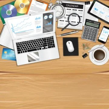 Workplace with object and tools on wood table Stock Illustration