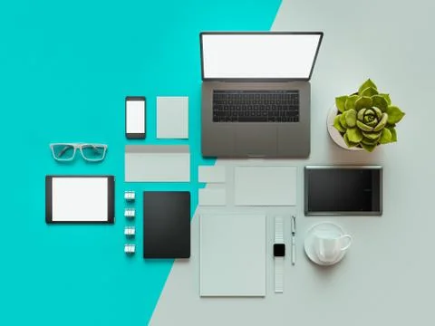 Workplace in office. 3D rendering. Specialists concept. Stock Illustration