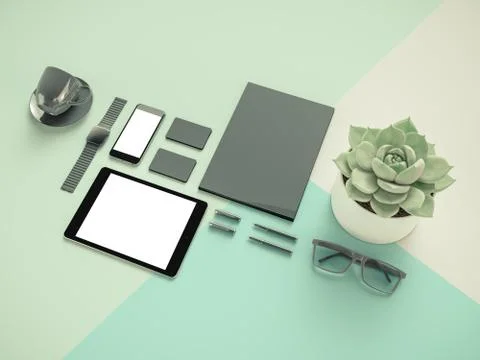 Workplace in office. 3D rendering. Specialists concept. Stock Illustration