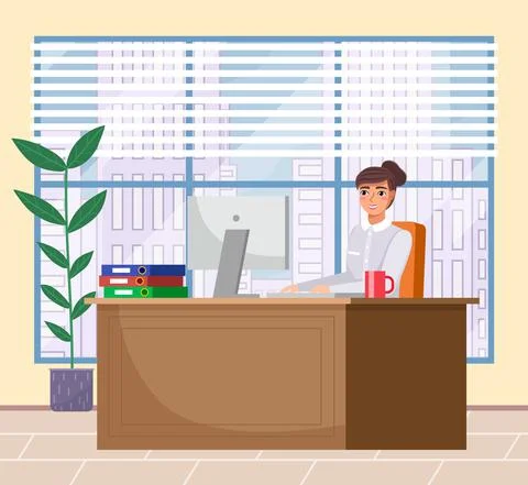 Workplace in office. Cabinet with workspace with table, comfortable armchair and Stock Illustration