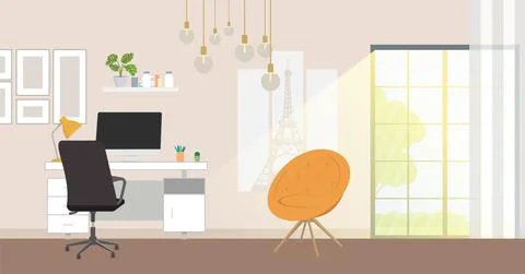 Workplace in office. Cabinet with workspace with table and computer with big Stock Illustration