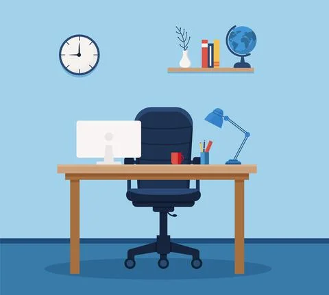 Workplace in office. Cabinet with workspace with table and computer. Concept  스톡 일러스트