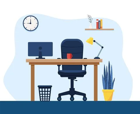 Workplace in office. Cabinet with workspace with table and computer. Concept  스톡 일러스트