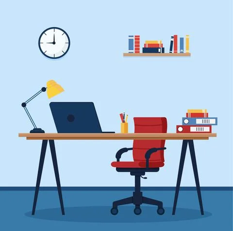 Workplace in office. Cabinet with workspace with table and computer. Concept  Ilustración de archivo