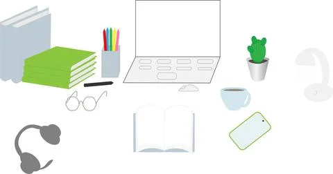 Workplace office. Classes at home on the computer online. The concept of dist Stock Illustration