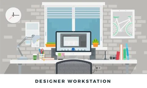 Workplace Office illustration. Vector table in empty office room. Designer Stock Illustration