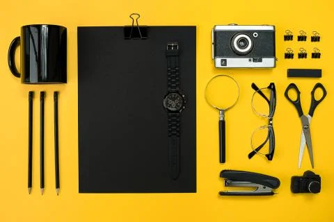 Workplace with office items and business elements on a desk. Con Stock Photos