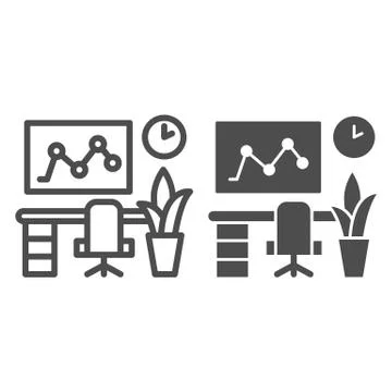 Workplace in the office line and solid icon, Coworking concept, Computer and Stock Illustration