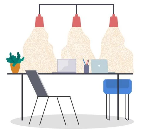 Workplace in office. Place workspace with table, comfortable chair, lamps, plant Stock Illustration