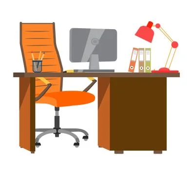 Workplace in office with table, computer, chair and lamp Stock-Illustration