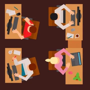 Workplace office tables vector business people team work process office concept Stock Illustration