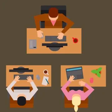 Workplace office tables vector business people team work process office concept Stock Illustration