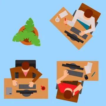 Workplace office tables vector business people team work process office concept Stock Illustration