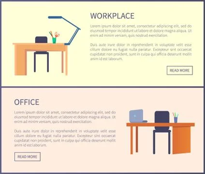 Workplace in Office Web Posters Set Empty Tables Stock Illustration