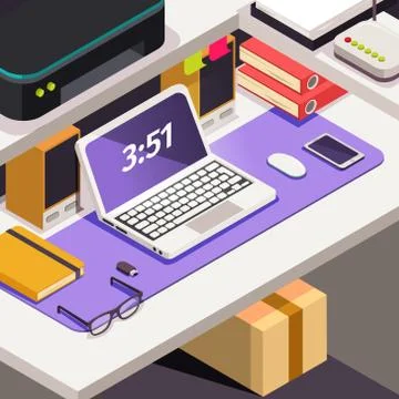 Workplace office work Objects on table Isometric concept of workspace with Illustrazione stock