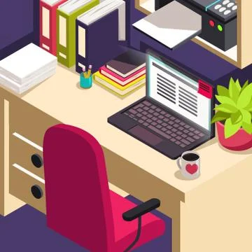 Workplace office work Objects on table Isometric concept of workspace with Stock Illustration