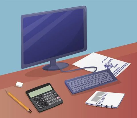 Workplace of office worker with dark blue screen. Desktop with computer monitor Stock Illustration