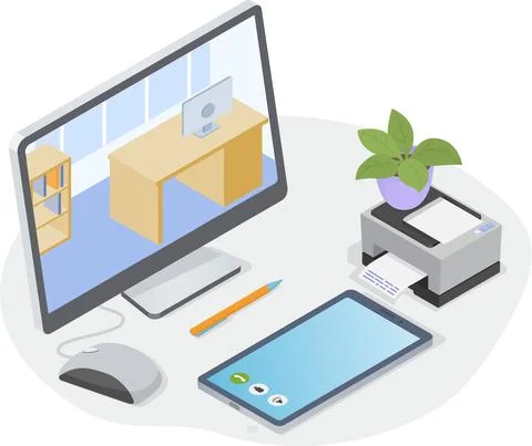 Workplace of office worker. Desktop with computer, printer, smartphone and other Stock Illustration