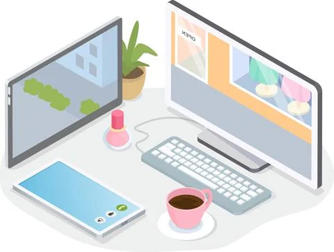 Workplace of office worker. Desktop with computer, tablet pc, smartphone and Illustrazione stock