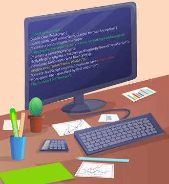 Workplace of office worker programmer with code screen. Desktop with computer Stock Illustration