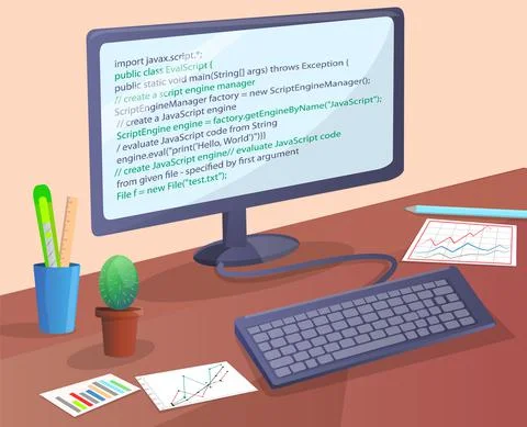 Workplace of office worker programmer with code screen. Desktop with computer Stock Illustration