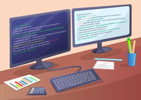 Workplace of office worker programmer with code screen. Desktop with computer Stock Illustration