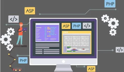Workplace of office worker programmer, code screen. Desktop with computer Stock Illustration