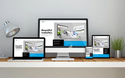 Workplace with  online responsive website builder  on devices Stock Illustration