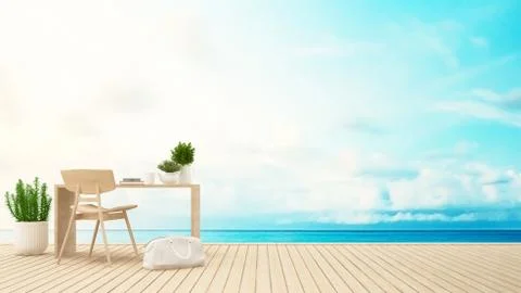 Workplace or dining area on terrace sea view-3D Rendering Stock Illustration