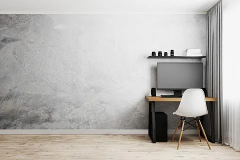 Workplace with PC on wooden table with white modern chair, gray empty wall wi Stock Illustration