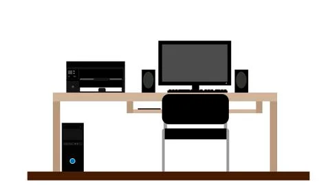 Workplace. Personal computer, printer, speakers, table. Vector. Stock Illustration