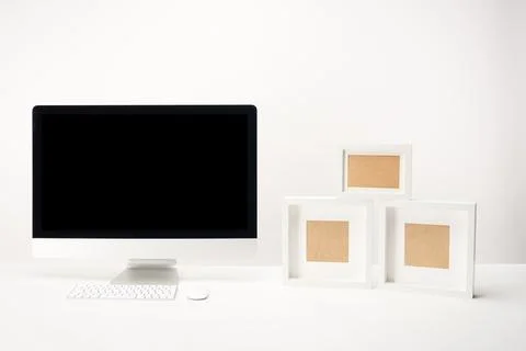 Workplace photo frames desktop computer Stock Photos
