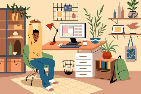 Workplace physical exercises. Guy stretches while sitting at table, wellness Stock Illustration