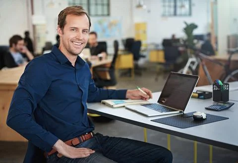 Workplace, portrait of man or software developer with computer for testing Stock Photos