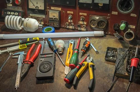 Workplace of practicing electrical engineer Stock Photos