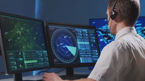 Workplace of the professional air traffic controller in the control tower Video stock 145319316