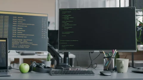Workplace of Programmer with Computer Codes on Monitor Displays Stock Footage 276201888