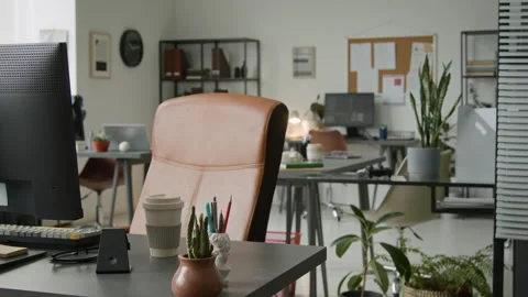 Workplace of Programmer with Desktop Computer and Leather Chair in Office Video stock 335936506