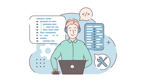 Workplace of the programmer. A guy working on web development on a laptop. 2D Stock Footage 171667511