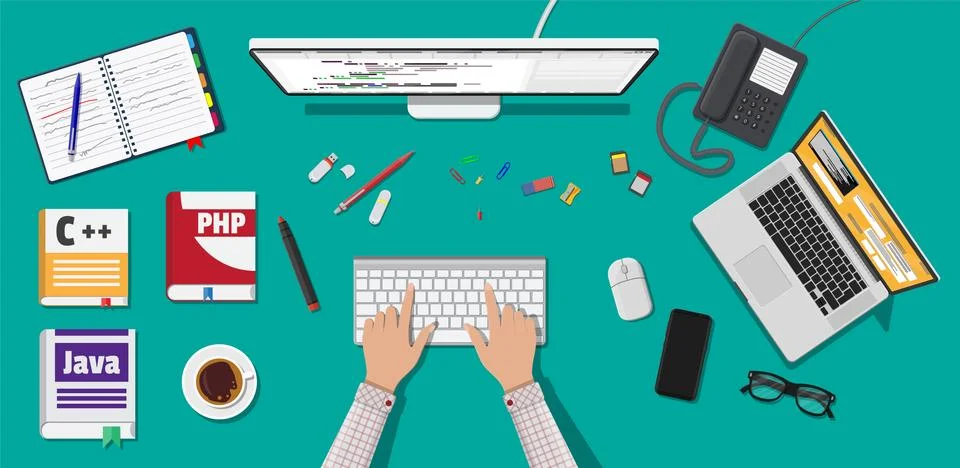 Workplace of programmer or coder. Stock Illustration