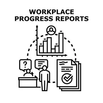 Workplace progress reports analyzing business efficiency and productivity Stock Illustration