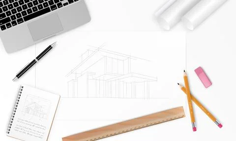 Workplace - Realistic Construction project architect house plan with tools Stock Illustration