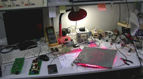 Workplace - repair of electronics - laboratory Stock Footage 60081801