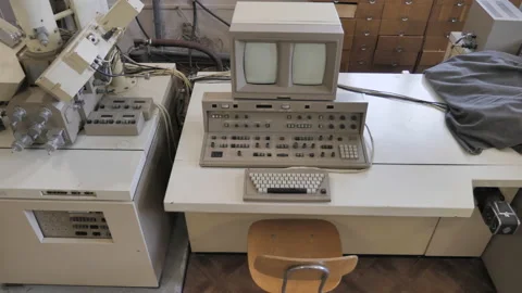 Workplace With Retro Computer And Other Equipment In Research Centre. Top View Stock Footage 157992979